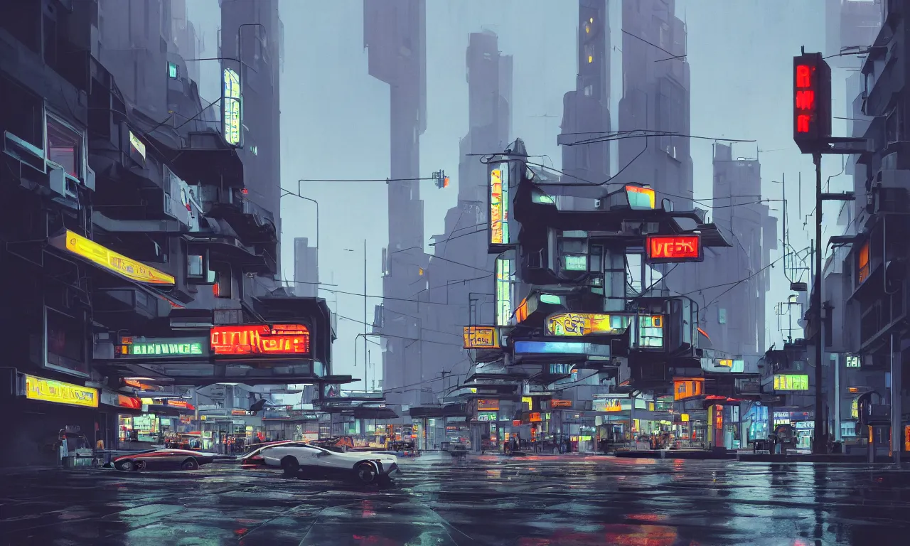 Image similar to photorealistic streetscape, simple brutalist architecture, metal, concrete, wet streets, white neon lights, colorful neon signs, flying vehicles, pedestrians, syd mead, ralph mcquarrie, doug chiang, concept art, matte painting, finely detailed, minimal artifacts, rule of thirds, dynamic lighting, cinematic, denoised, centered, artstation