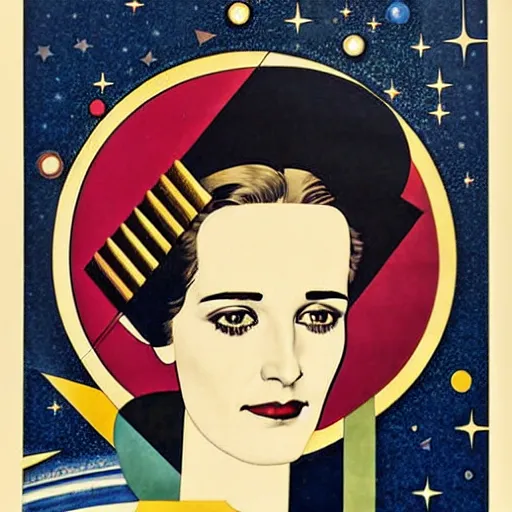 Image similar to Art by Coles Phillips, Portrait of the actress, Eva Green as Space Commander Alpha from the Year 4000, geometric art, poster, no text, Mucha, Kandinsky, carbon blac and antique gold