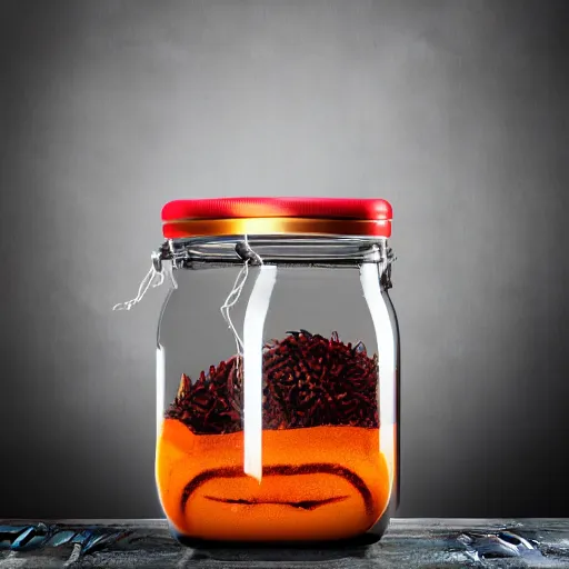 Image similar to Evil monster in a jar, product photography, centered, studio lightning