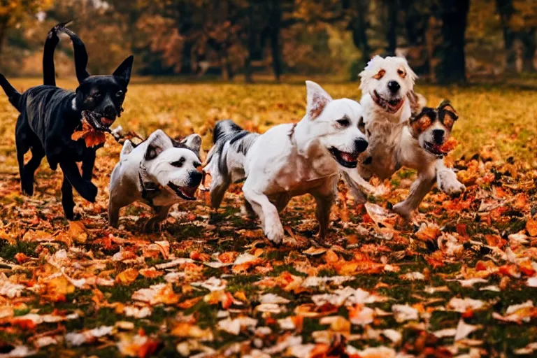 Image similar to dogs running towards the camera while breaking through a pile of autumn leaves