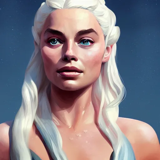 Prompt: Portrait of Margot Robbie as Queen Daenerys Targaryen, mattepainting concept Blizzard pixar maya engine on stylized background splash comics global illumination lighting artstation lois van baarle, ilya kuvshinov, rossdraws