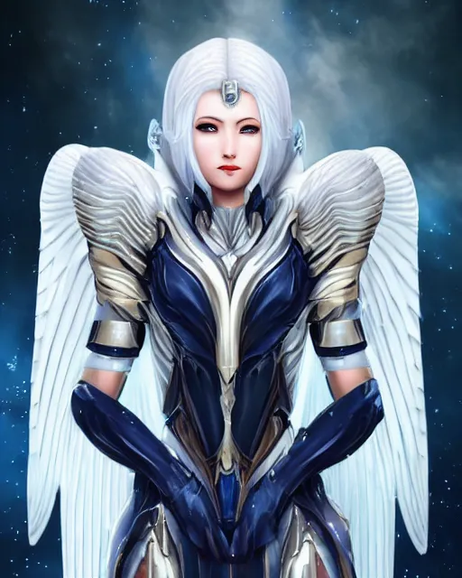 Image similar to perfect white haired egyptian goddess wearing white dove wings, warframe armor, regal, attractive, ornate, sultry, beautiful, ice queen, half asian, pretty face, blue eyes, detailed, scifi platform, 4 k, ultra realistic, android body, illuminated, cinematic, masterpiece, art by akihito tsukushi, voidstar, artgerm