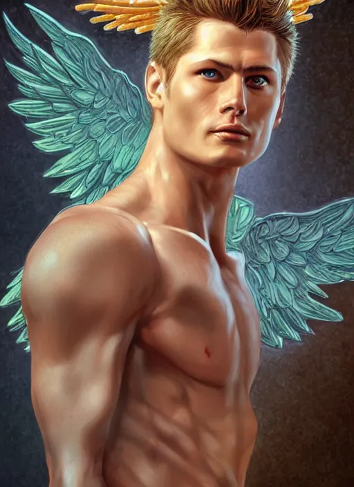 Prompt: Portrait of Dean Winchester as an angel warrior , intricate body, whole body, highly detailed, digital painting, artstation, concept art, smooth, sharp focus, illustration, art by Hajime Sorayama