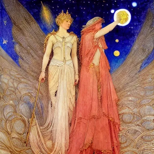 Image similar to the queen of the moon and the stars in full regalia, by Annie Swynnerton and jean delville and Edmund Dulac and Tino Rodriguez, elaborately costumed, rich color, dramatic cinematic lighting, extremely detailed