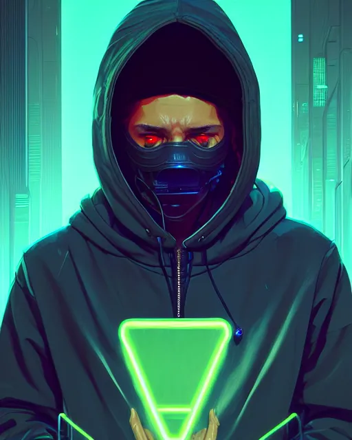 Image similar to cyberpunk synth, hyper - realistic detailed portrait of a man in a hoodie, with neon visor mask, digital painting, by atey ghailan, by greg rutkowski, by greg tocchini, by james gilleard, by joe fenton, by kaethe butcher, sharp focus