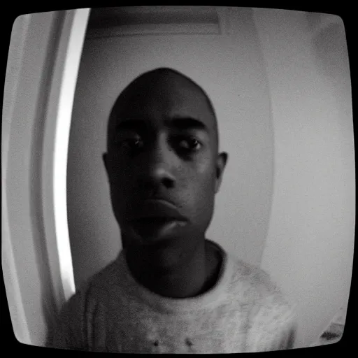 Image similar to tyler the creator staring at me through my doorbell camera, b&w, night, fish eye lens, creepy