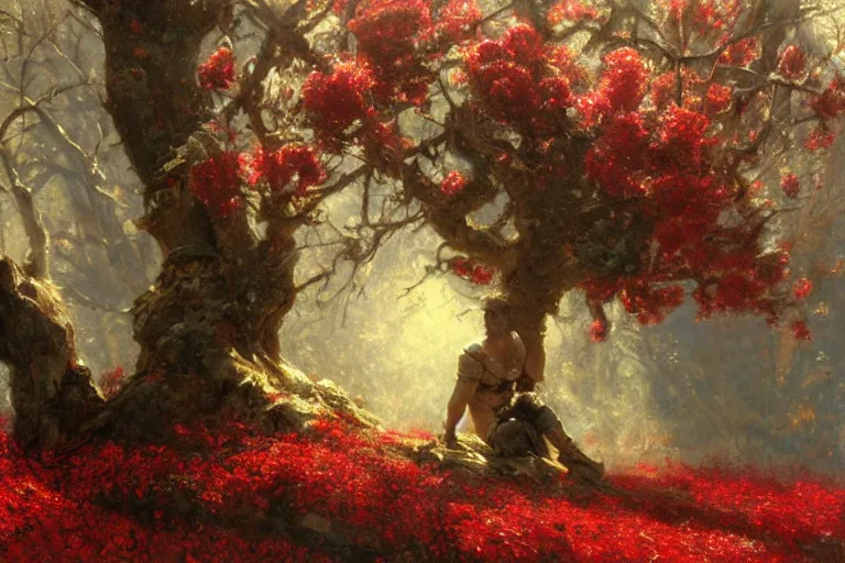 Image similar to winter, a male warrior relaxing under a huge tree with red flowers, sun shining on him, god ray, ground covered with snow, fantasy, painting by gaston bussiere, craig mullins, j. c. leyendecker, trending on artstation