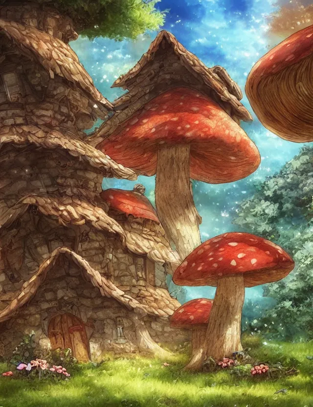 Prompt: anime scenery of a mushroom house, trending artwork, painted in anime painter studio, by anato finstark, tony sart, marc simonetti and an anime artist, collaboration