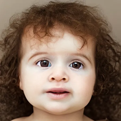 Prompt: a close up portrait of a cute baby with brown eyes and long brown curly hair, award winning photography, ultra high detail, hd, 8k, by Martin Schoeller