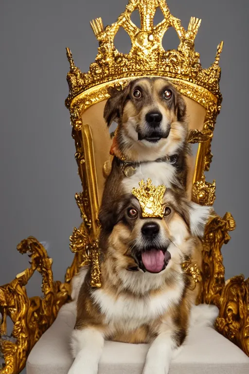 Image similar to a dog sitting on a gold throne with a crown on its head, photography