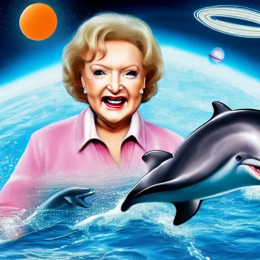 Prompt: betty white straddling a dolphin in space, 2 0 2 1 weta digital