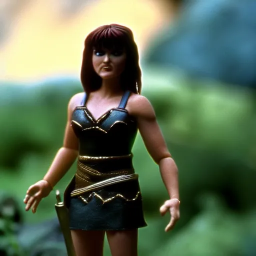 Image similar to a cinematic film still of a claymation stop motion film starring young lucy lawless as xena warrior princess, brunette hair, shallow depth of field, 8 0 mm, f 1. 8