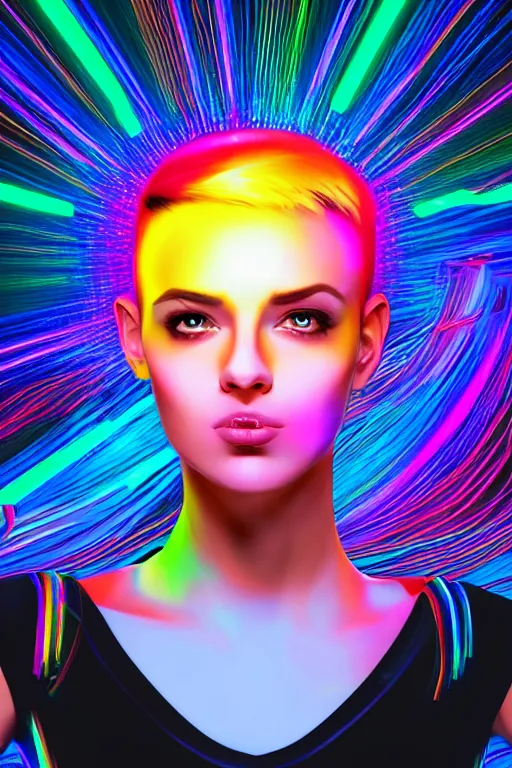 Image similar to a award winning half body portrait of a beautiful woman with stunning eyes in a croptop and cargo pants with rainbow colored ombre hairstyle head in motion and hair flying by thomas danthony, surrounded by whirling illuminated neon lines, outrun, vaporware, shaded flat illustration, digital art, trending on artstation, highly detailed, fine detail, intricate