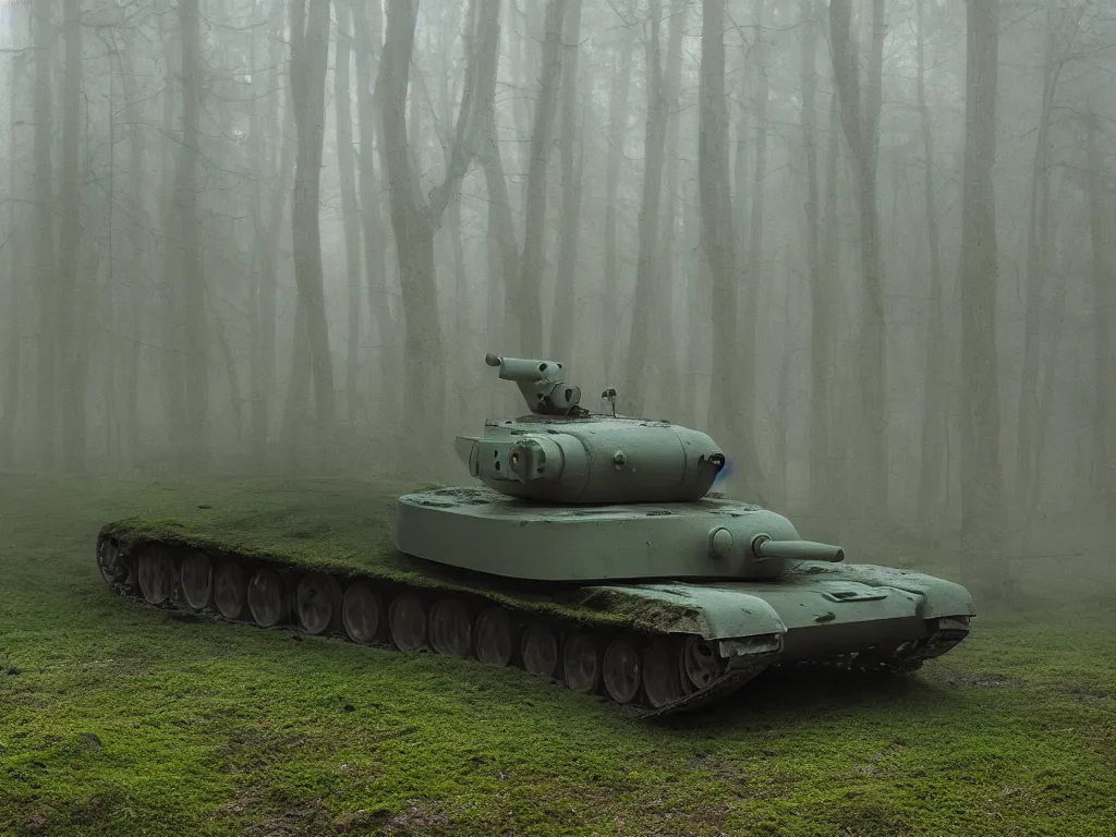 Prompt: damaged tank drives through foggy moss, realistic, tilt shift style, 4 k, ue 5, lense flair, light rays, cinematic light, by michael bay