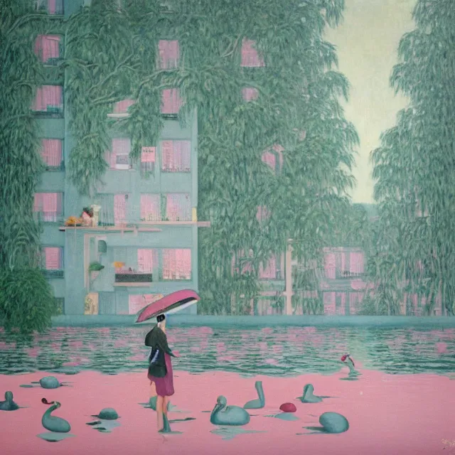 Prompt: painting of flood waters inside an apartment, pastel pink, tall female emo art student, a river flooding through a wall, tangelos, zen, pigs, ikebana, water, river, rapids, waterfall, black swans, canoe, pomegranate, berries dripping, acrylic on canvas, surrealist, by magritte and monet