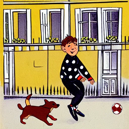 Image similar to book illustration of a french boy on the streets of paris playing football against a corgi, the dog is wearing a polka dot scarf, 1 9 6 6