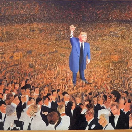 Prompt: enoumous crowd of millions of people, everyone is laughing and pointing at donald trump on a podium. he is not wearing pants and his legs are visible. painting by salvador dali.