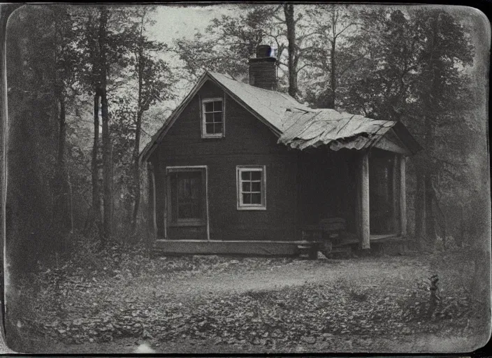 Image similar to sinister black and white old photography of a small house in the woods. daguerreotype photo