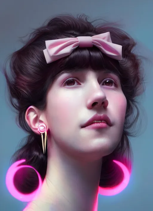 Image similar to portrait of teenage girl, realistic, black hair, bangs, half updo hairstyle, pointy nose, skinny, smile, ugly, defined jawline, big chin, pink hair bow, earrings, intricate, elegant, glowing lights, highly detailed, digital painting, artstation, sharp focus, illustration, art by wlop, mars ravelo and greg rutkowski