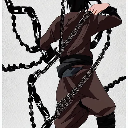 Image similar to A FULL BODY PORTRAIT FROM BEHIND OF MADARA UCHIHA ,THE MAN KEEPS A KUSARIGAMA AND IT IS WRAPPED IN CHAINS ,detailed, concept art, ink style , sketch