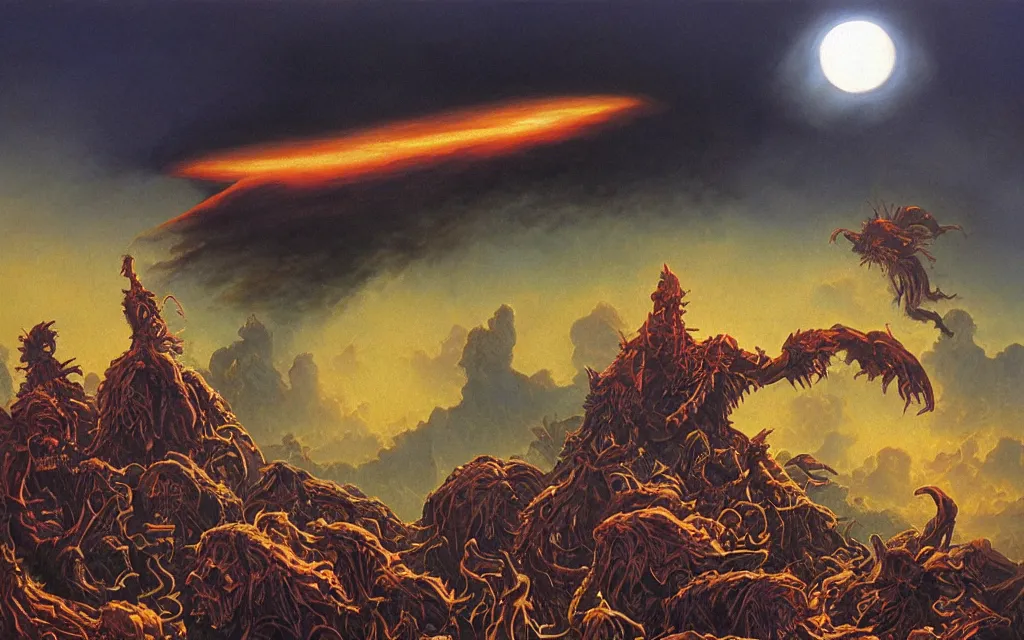 Prompt: black dead sun howling nightmare mythos dread sun of the void above the tomb wastes, award winning oil painting by Michael Whelan, dream mythos color palette