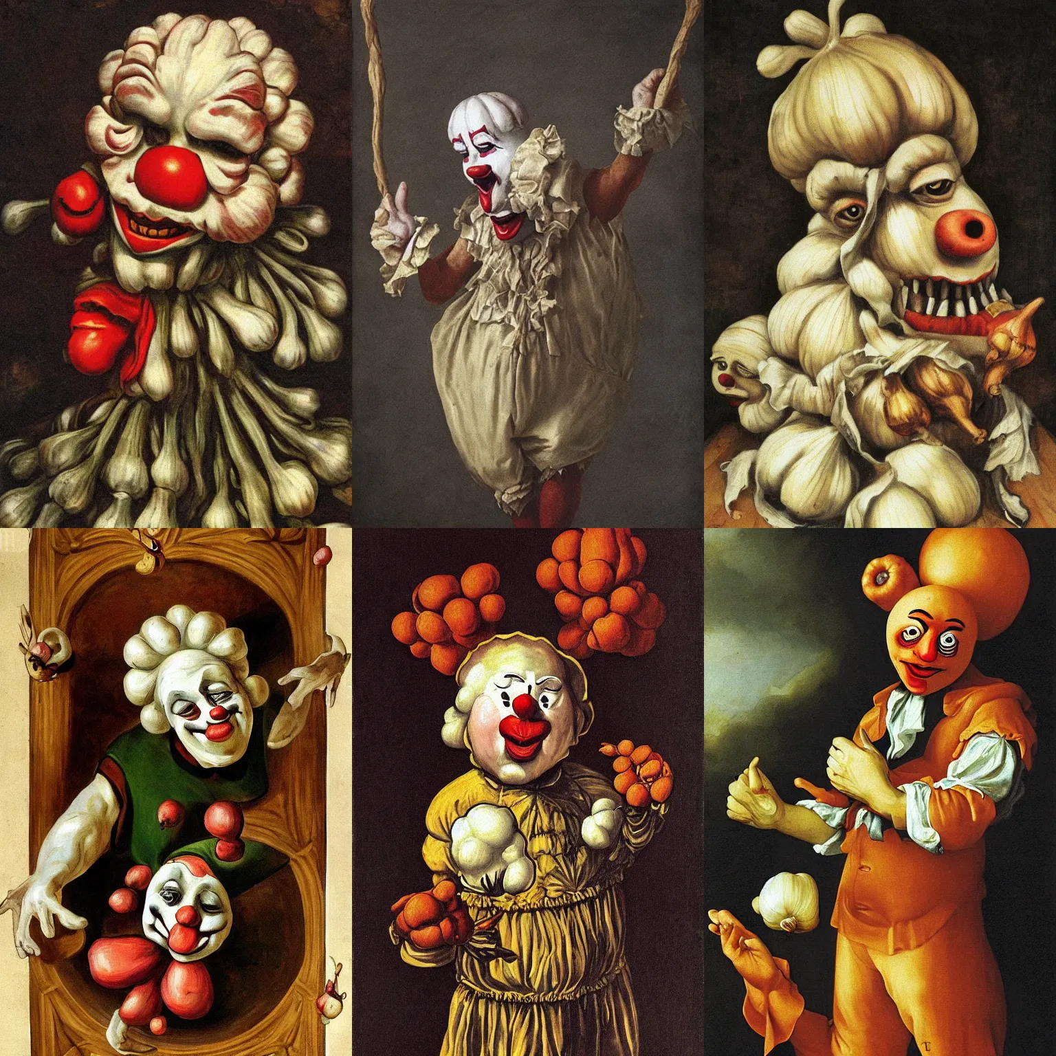 Prompt: garlic clown, baroque painting, garlic man clown hybrid