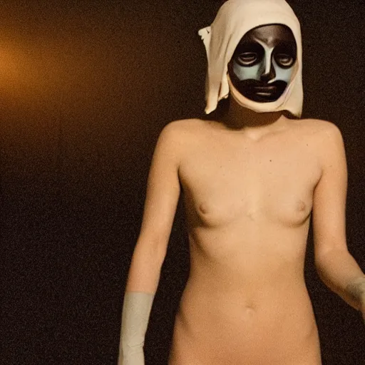 Prompt: The full body shot of beautiful pale woman with white flowers and full-face golden mask inside a thick black smoke in rocky desert landscape, glowing eyes everywhere, dey earth by Gaspar Noe and Christopher Doyle, anamorphic lens, anamorphic lens flares, kodakchrome, cinematic composition, practical effects, award winning photo, 8k