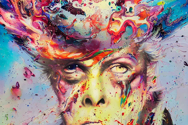 Image similar to a splattered action painting showing david bowie, ultradetailed, fine art painting, peter mohrbacher, moebius, david bowie, frottage, watercolor, acrylic, multilayered paint, spectacular splatter explosion, psychedelic art