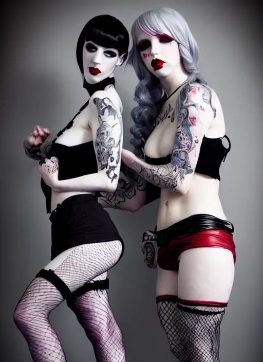 Prompt: a full body shot of two feminine pale skin cosplay beautiful goth girls, light gray eyes, big red lips, black hair, feet posing, goth style, fully tattooed body, fishnet clothes, beautiful detailed face, masterpiece, beautiful composition, trending on artstation, award - winning photograph, paint by artgerm