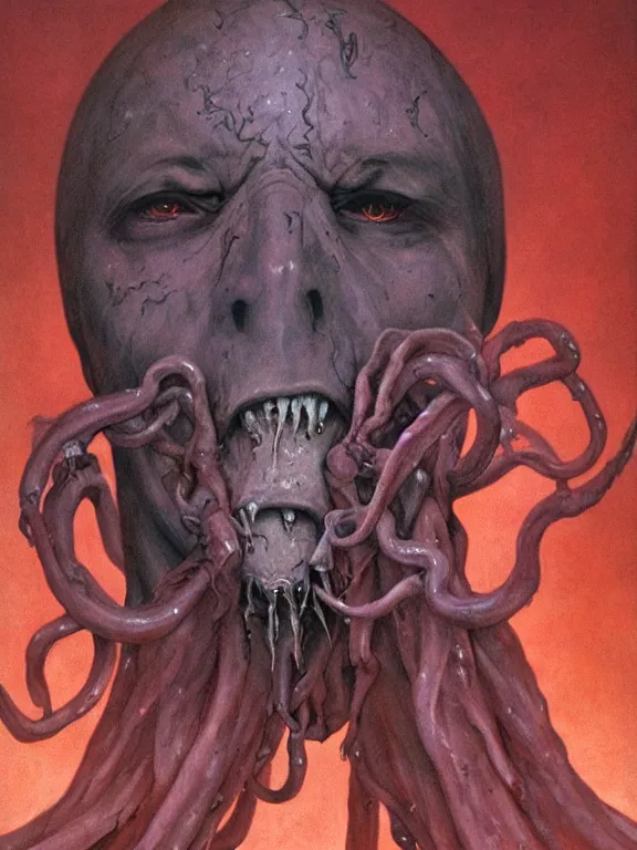 Image similar to painting by wayne barlowe of a flying sorrowful looking severed human head with tears running down it's eyes, face that is chalk white in color, with long sprawling white tentacles stemming down it's neck, fiery scorching red eyes, flying in a terrying hellish dark cavernous place