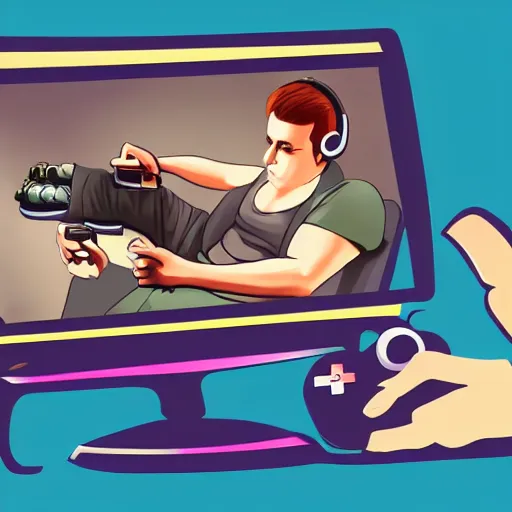 Image similar to video game art depicting a person playing videogames, high quality digital design