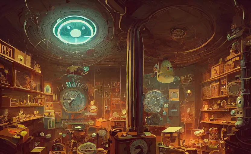 Image similar to Inside an old clock store by Petros Afshar and Beeple, James Gilleard, Mark Ryden, Wolfgang Lettl highly detailed