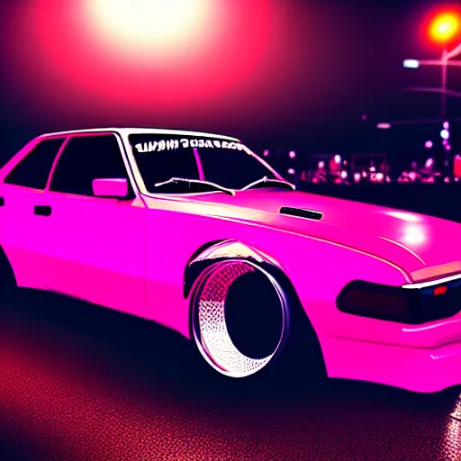 Image similar to a car S30 turbo drift at illegal car meet, shibuya prefecture, sunset night mist neon lights, cinematic color, photorealistic, highly detailed wheels, highly detailed