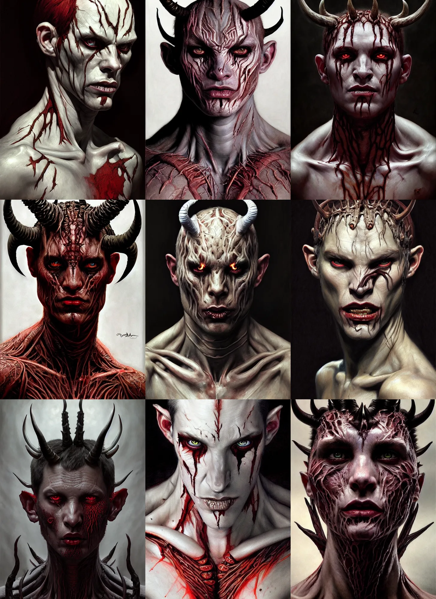 Prompt: half demon half human man intricate skin pattern texture, savage, full body, white horns, hyper realistic, extremely detailed, dnd character art portrait, dark fantasy art, intricate fantasy painting, dramatic lighting, vivid colors, deviant art, artstation, by edgar maxence and caravaggio and michael whelan and delacroix.