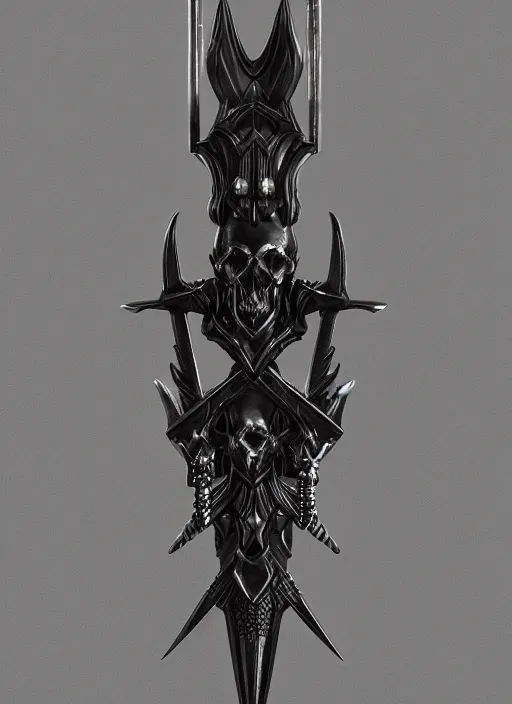 Image similar to a black great sword mini skull crest, orthographic, ornament, weapon, a 3 d render by dom qwek, front side, concept art, trending on polycount, artstation, hard surface modeling, rendered in maya, zbrush, blender, hd, vray, berserk, symmetry