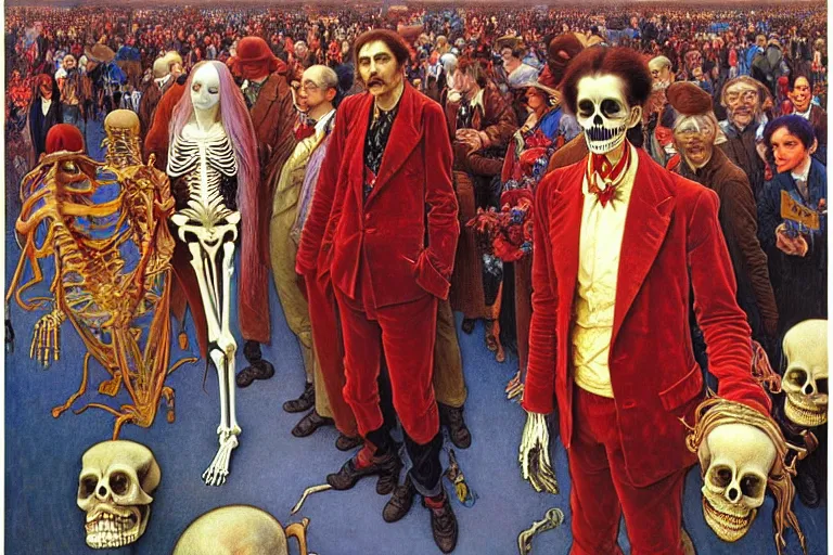 Image similar to realistic detailed portrait painting of a single skeleton wearing red velvet blazer in a crowded futuristic moscow street by Jean Delville, Amano, Yves Tanguy, Alphonse Mucha, Ernst Haeckel, Edward Robert Hughes, Roger Dean, rich moody colours, blue eyes