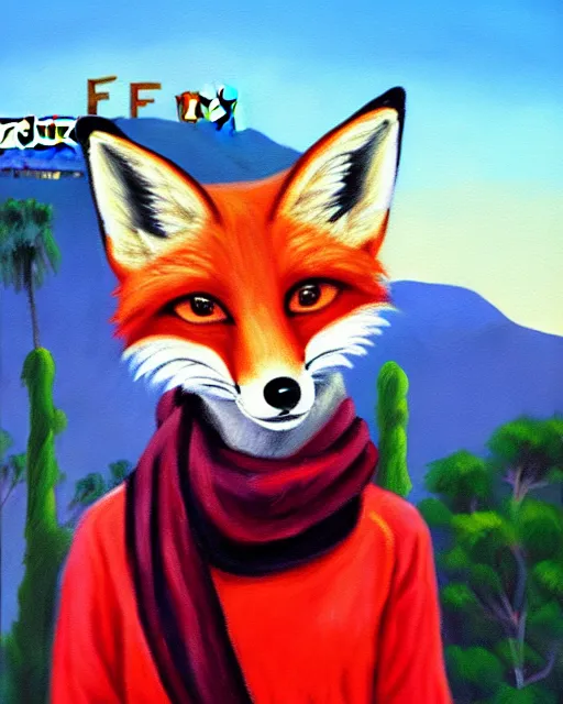 Image similar to oil painting portrait of anthropomorphic female fox animal dressed in sweater and scarf, fox animal, hollywood sign in background, location movie studio, oil painting,