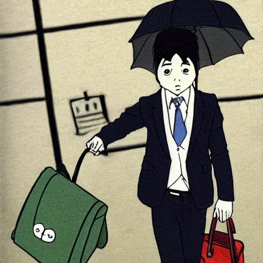 Image similar to barn owl in a black suit wearing an office bag going to the office,drawn by Hayao Miyazaki , highly detailed,anime, anime shot,anime colours, inspired by My Neighbor Totoro 1988,cell shading