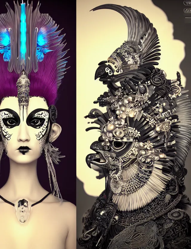 Image similar to 3 d goddess close - up profile portrait punk with mohawk with ram skull. beautiful intricately detailed japanese crow kitsune mask and clasical japanese kimono. betta fish, jellyfish phoenix, bio luminescent, plasma, ice, water, wind, creature, artwork by tooth wu and wlop and beeple and greg rutkowski