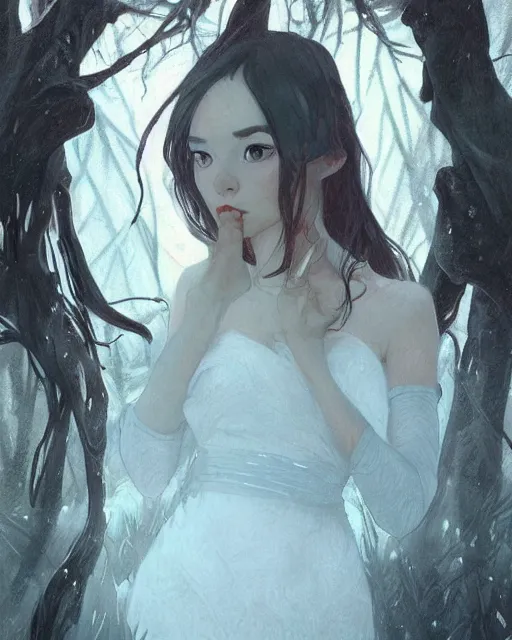 Image similar to elsa portrait, winter, somber, sad, black dress, low light, foggy at dawn, sunlight visible through tree leaves, misty, magic, atmospheric art by artgerm and greg rutkowski and alphonse mucha and by artgerm, by studio muti, greg rutkowski makoto shinkai takashi takeuchi,