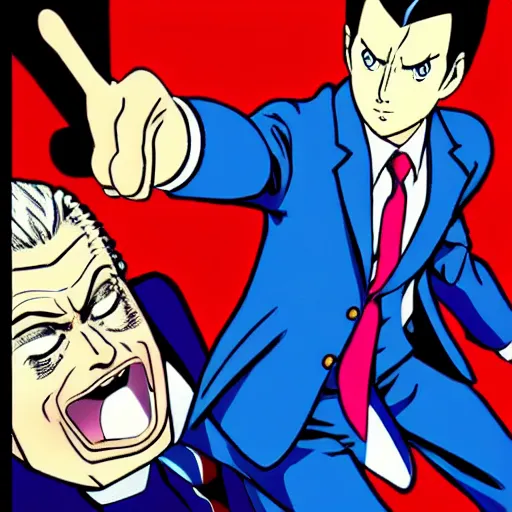Prompt: phoenix wright pointing and saying objection, pop art, anime
