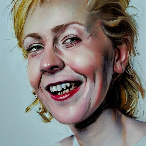 Prompt: portrait painting of woman from scandinavia, senior, blonde hair, daz, occlusion, smiling and looking directly, brushstrokes, white background, art by enki bilal