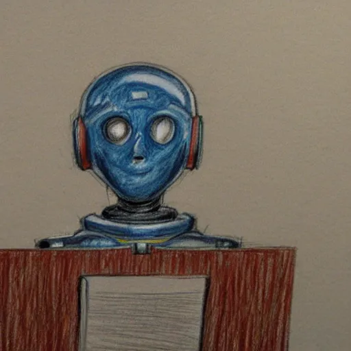 Image similar to humanoid robot testifying on stand in courtroom, courtroom sketch, messy color pencil sketch, droid