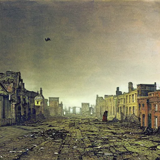 Prompt: the dead city, ruined buildings like broken teeth, John Atkinson Grimshaw