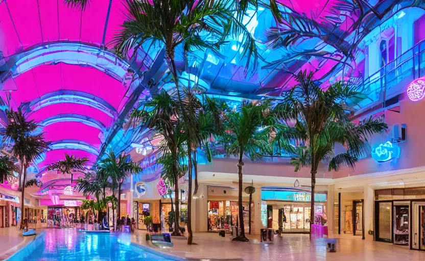 Image similar to an indoor mall with palm trees and pools, pink and blue lighting, everything floats in space