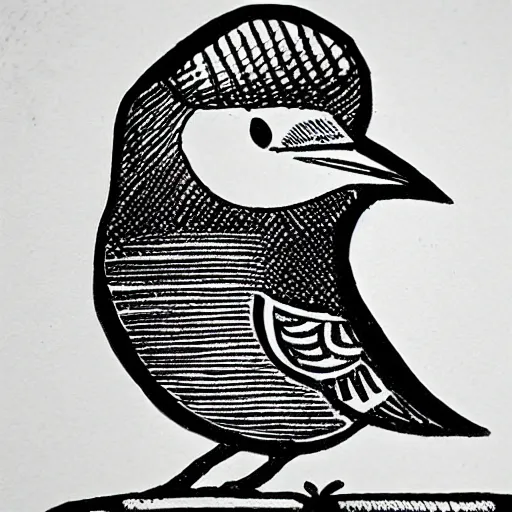 Image similar to block print bird in the style of slippery jack, black ink on white paper