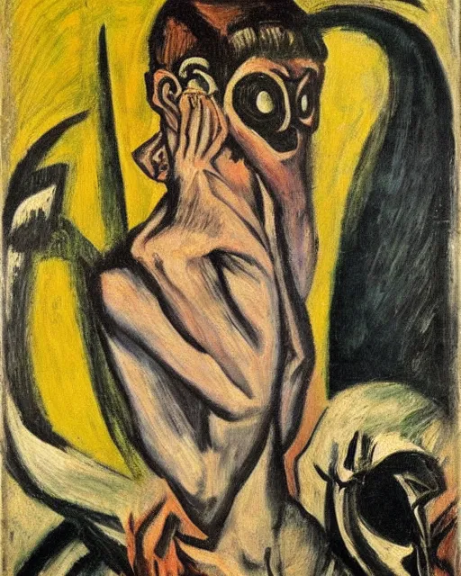 Image similar to Max Beckmann. El Greco. Van Gogh. Oil on canvas. Portrait of a demon.