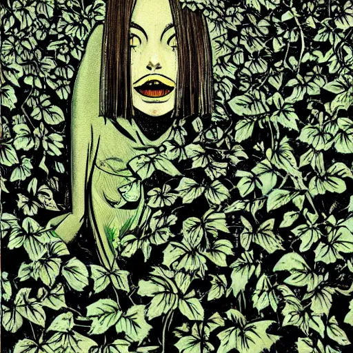 Image similar to a lush vine covered portrait by junji ito