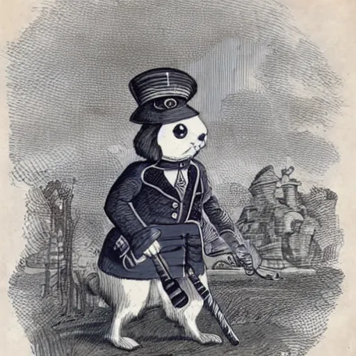 Prompt: a book illustration of a rabbit wearing a british navy 1700s uniform