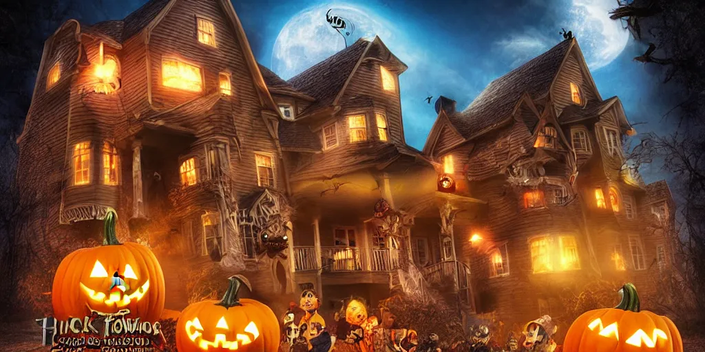 Image similar to halloween, trick or treat, monster house, poster, 3 d, studio lighting, digital art